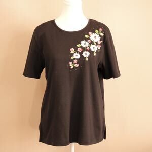 Vintage Alfred Dunner Short Sleeve Scallop trim Black & Floral Top sz S